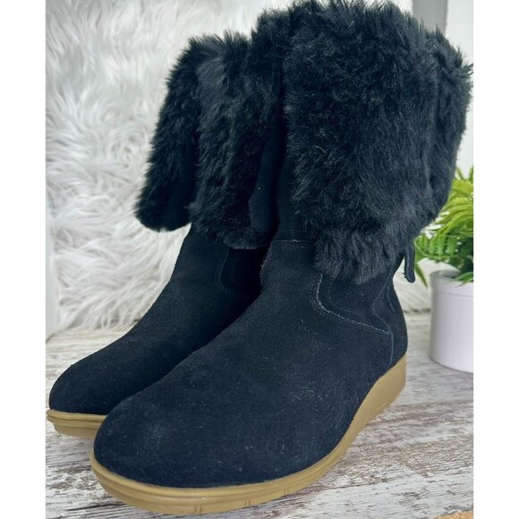LANDS' END Mendota Snow Boot Women's Size 7.5 Black Suede Faux Fur PullOn 420483 - Picture 3 of 11